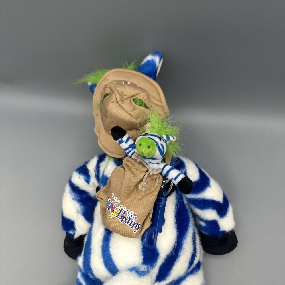 Vintage Zany Brainy Zebra Zipes 21" Plush ~ 1998 Safari Hat & Baby in Backpack - Picture 3 of 7